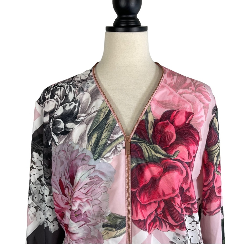 Ted Baker Bomber Jacket Pink Gray Mixed Floral Print Knit Back, Size 5 (US 12) - Picture 2 of 15